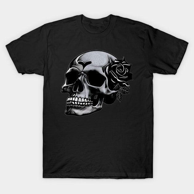 Spooky gothic black skull with a black rose T-Shirt by pickledpossums